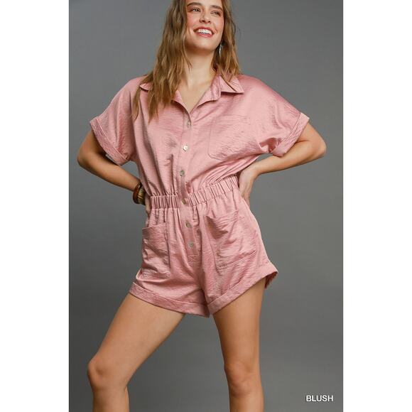 Umgee Button Down Side Pockets Short Sleeves Relaxed Charmeuse Romper | Blush - Picture 3 of 6